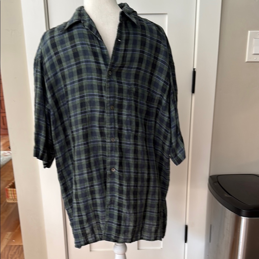 Vintage Banana Republic Madras Green and Blue Plaid Button Down Shirt